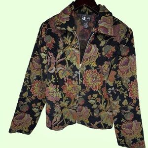 Vintage Jacket Womens Size 10 Petite Black Floral Cottage Core Jacquard Tapestry